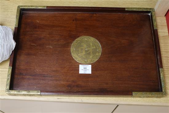 A Chinese tray, brass mirror and stationary stand